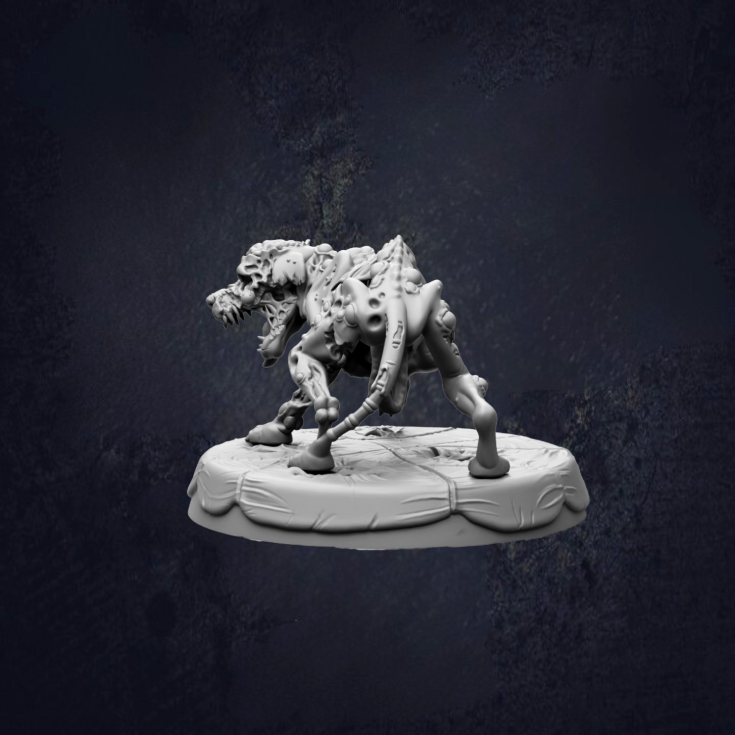 A 3D model of a creature resembling a dinosaur or prehistoric animal, standing on a platform against a dark background.