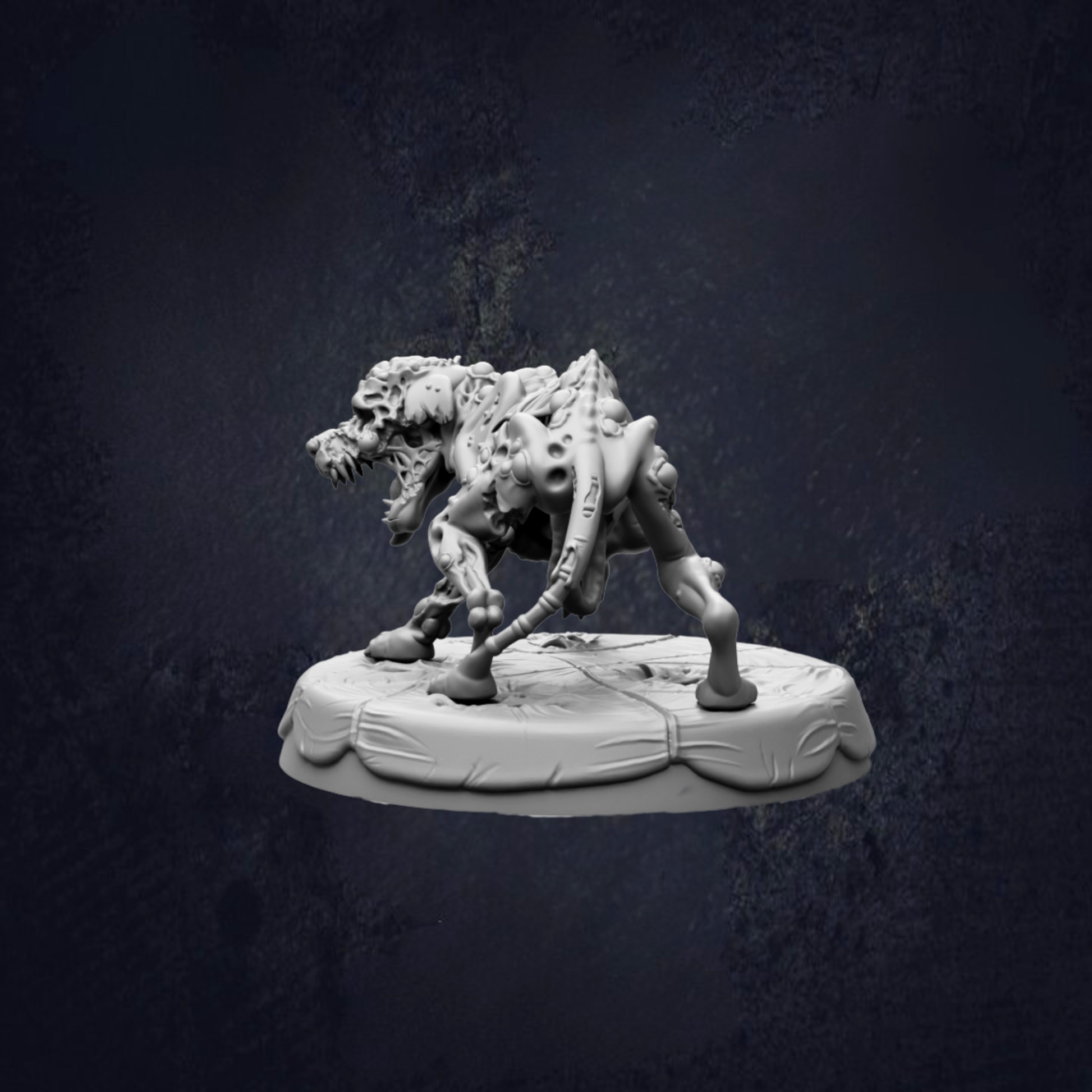A 3D model of a creature resembling a dinosaur or prehistoric animal, standing on a platform against a dark background.