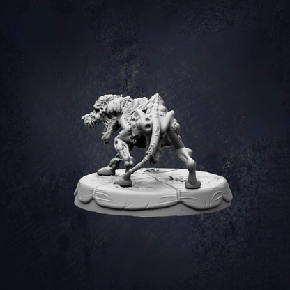 A 3D model of a creature resembling a dinosaur or prehistoric animal, standing on a platform against a dark background.