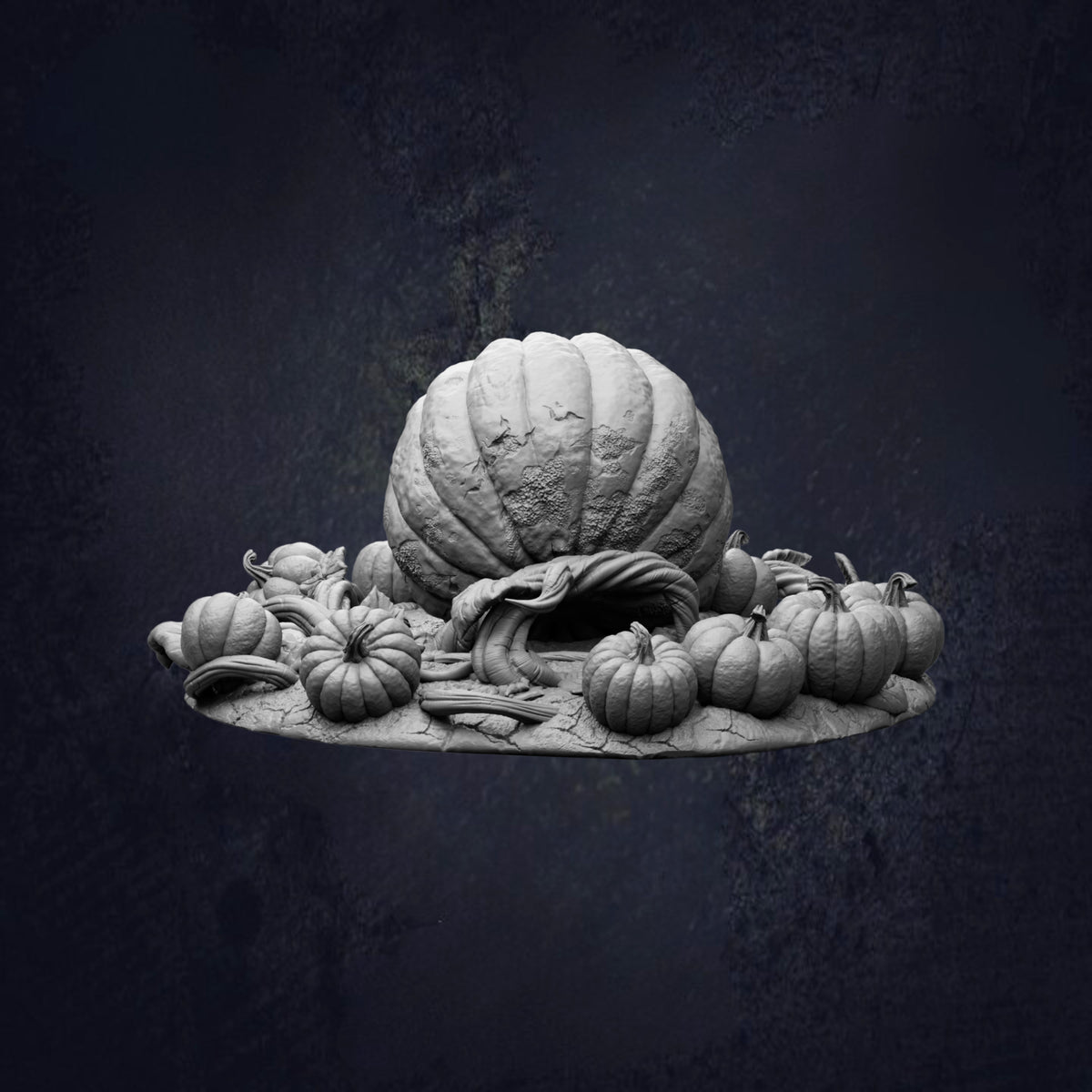 A large, intricately carved pumpkin sits atop a pile of smaller pumpkins, creating a visually striking and artistic composition.