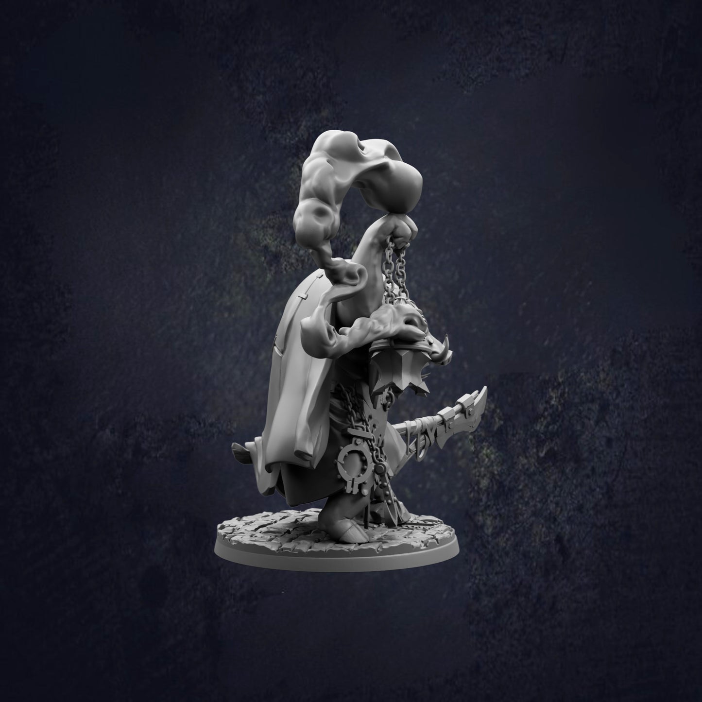 A 3D model of a fantastical creature, possibly a dragon or serpent, with a large head and a long, curved body. The creature appears to be in a dynamic pose, with its head tilted upwards and its body twisted in an unusual manner. The image is set against a dark, textured background, which emphasizes the intricate details and textures of the creature's form.