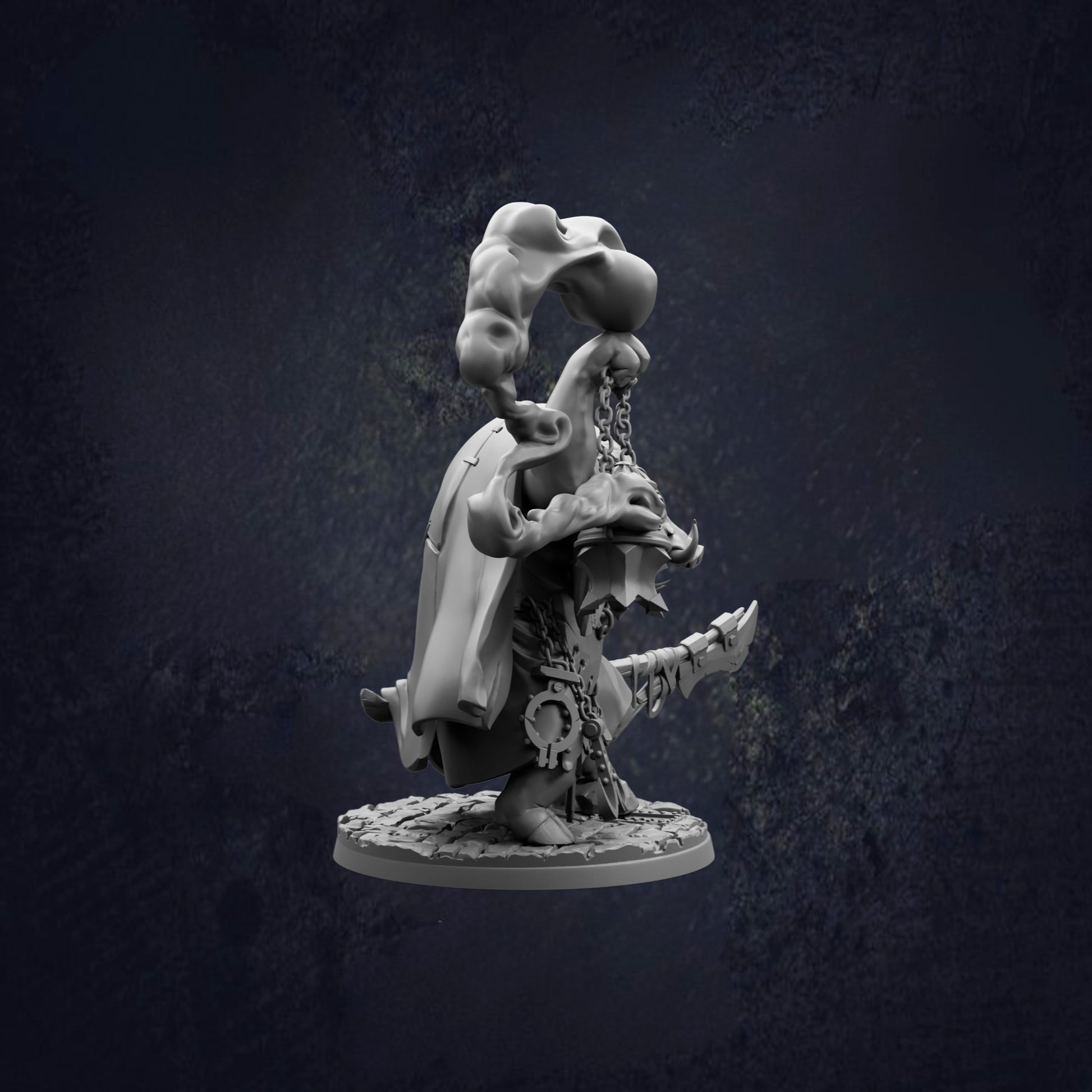 A 3D model of a fantastical creature, possibly a dragon or serpent, with a large head and a long, curved body. The creature appears to be in a dynamic pose, with its head tilted upwards and its body twisted in an unusual manner. The image is set against a dark, textured background, which emphasizes the intricate details and textures of the creature's form.