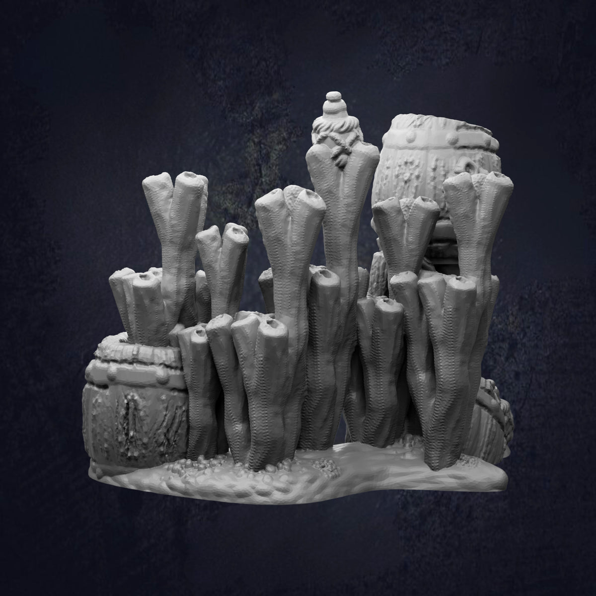 A 3D rendering of a coral reef, featuring various types of coral formations and structures.