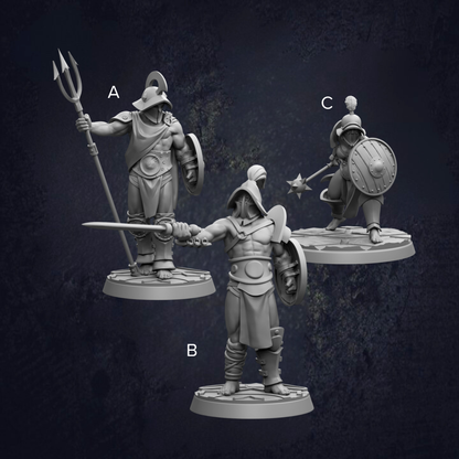 three figurines of soldiers, each holding different weapons such as a trident, a shield, and a sword.