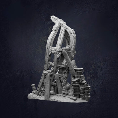 A 3D rendering of a sculpture made of twisted, gnarled branches and other organic materials, set against a dark background.