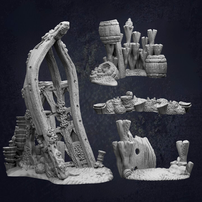 a collection of various sculptures or figurines, including a tall, twisted structure, a group of cylindrical objects, and a set of small, intricately designed objects. The sculptures appear to be made of a material that resembles stone or concrete, and they are set against a dark background.