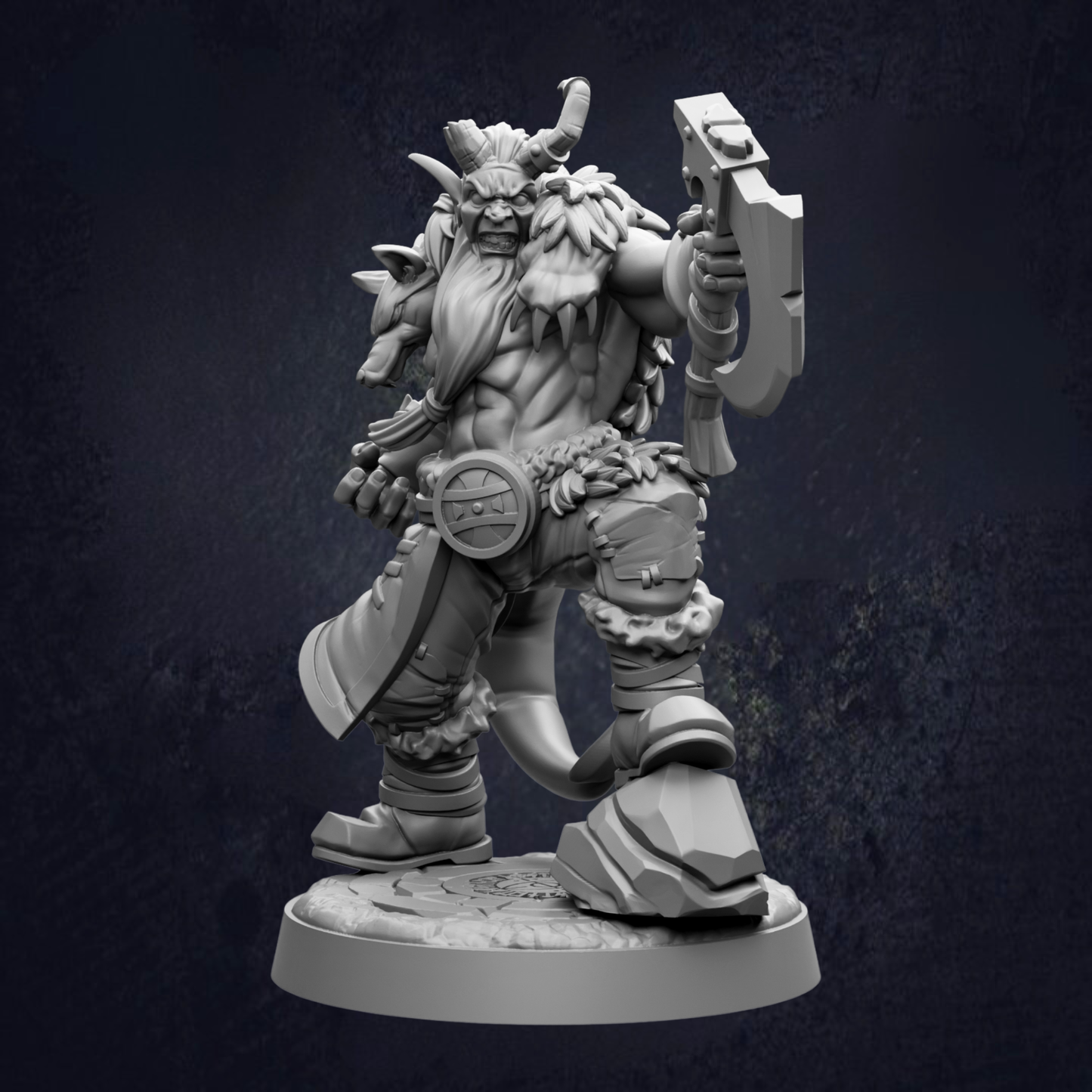 A detailed 3D model of a warrior figure, standing on a base and holding a large weapon.