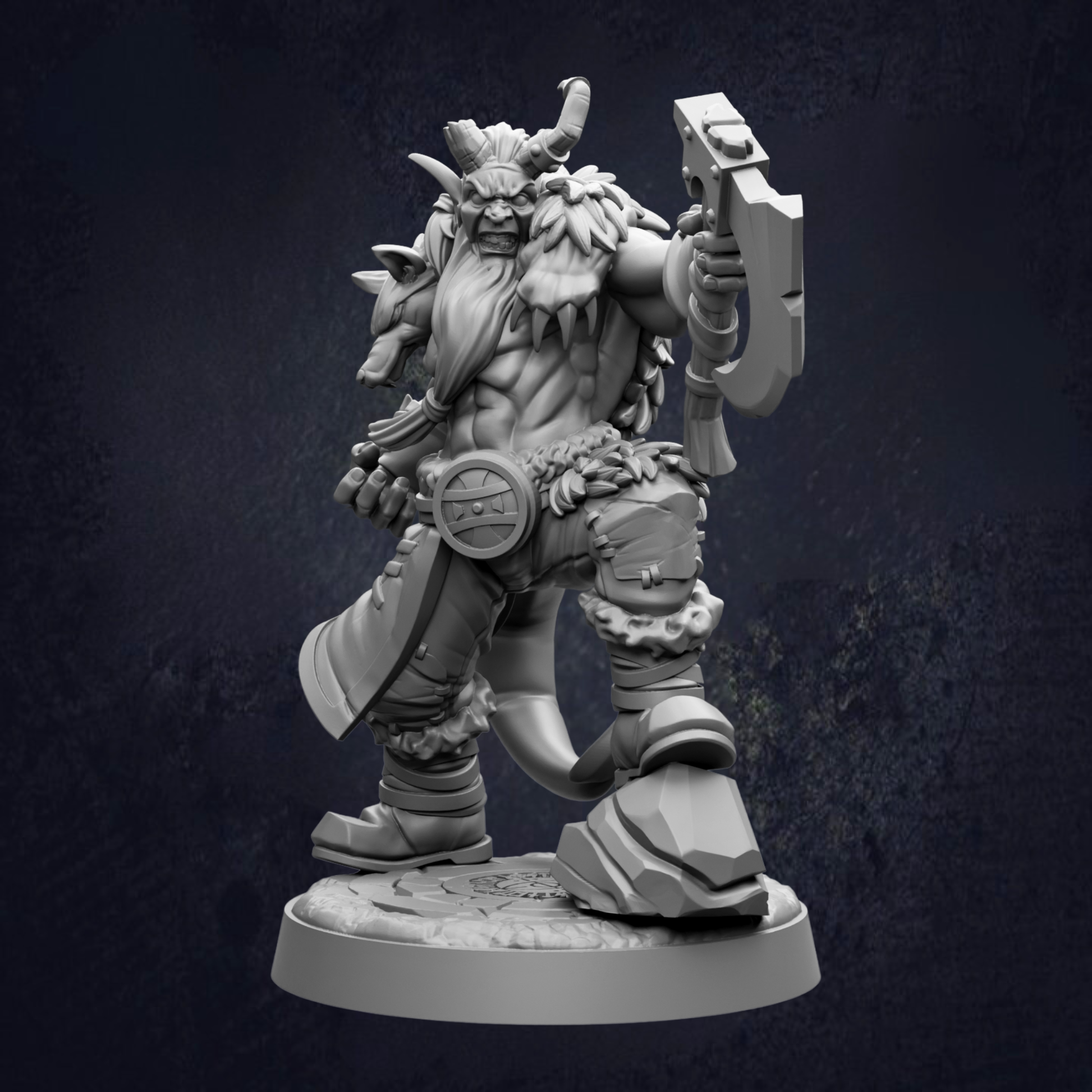 A detailed 3D model of a warrior figure, standing on a base and holding a large weapon.