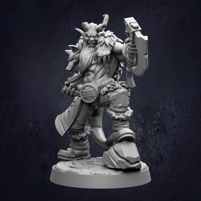 A detailed 3D model of a warrior figure, standing on a base and holding a large weapon.