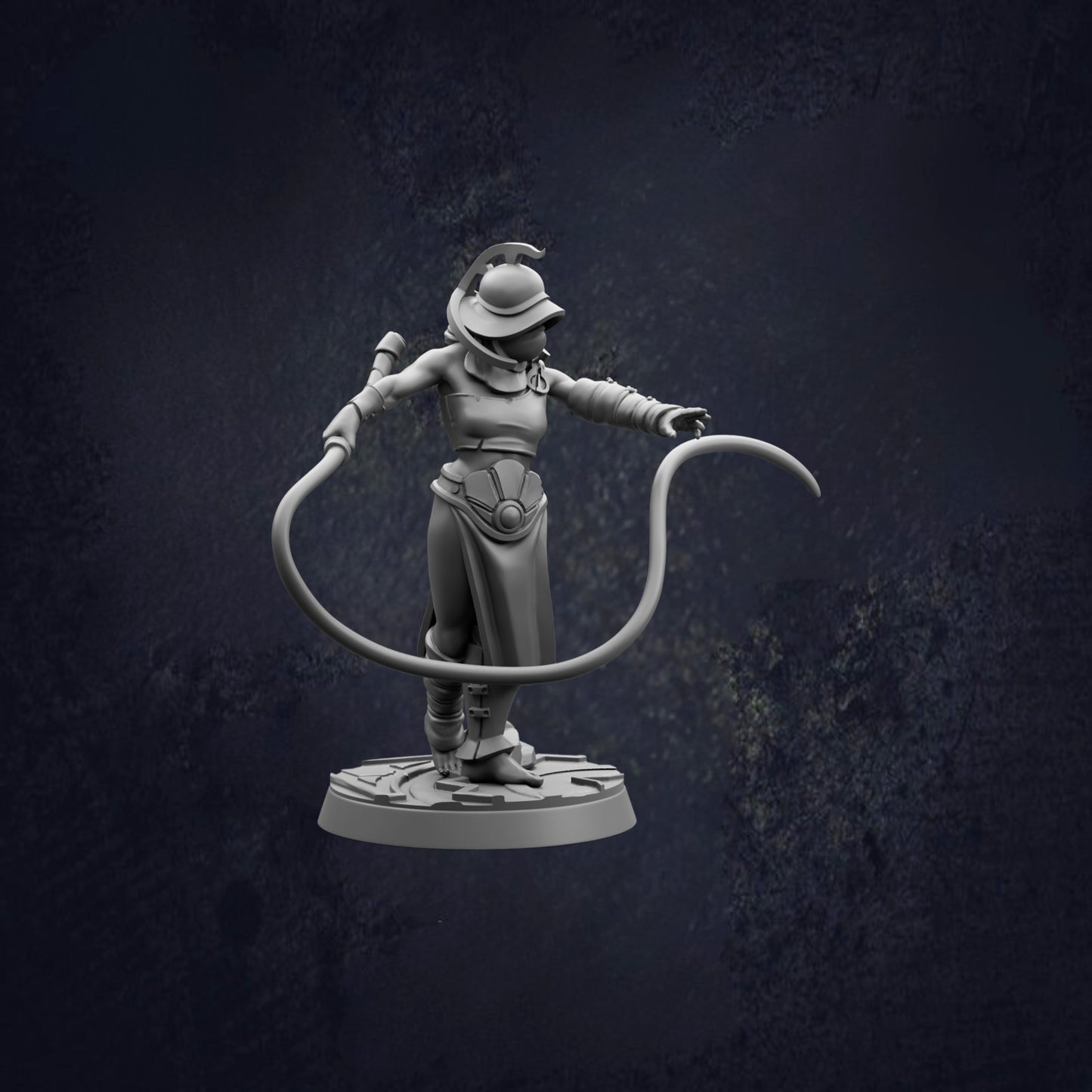 A 3D model of a female character holding a rope, standing on a platform against a dark background.