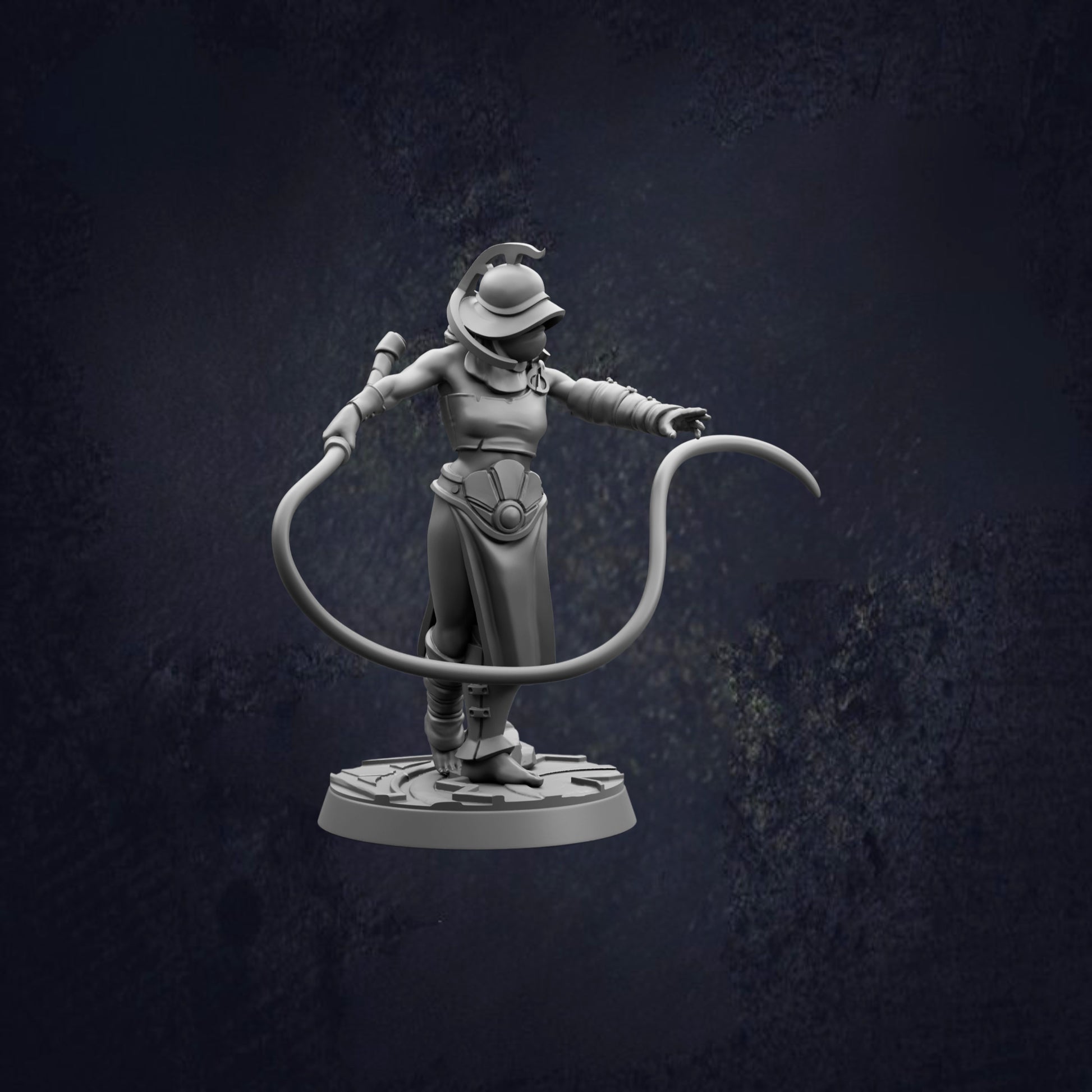A 3D model of a female character holding a rope, standing on a platform against a dark background.