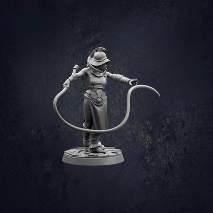 A 3D model of a female character holding a rope, standing on a platform against a dark background.