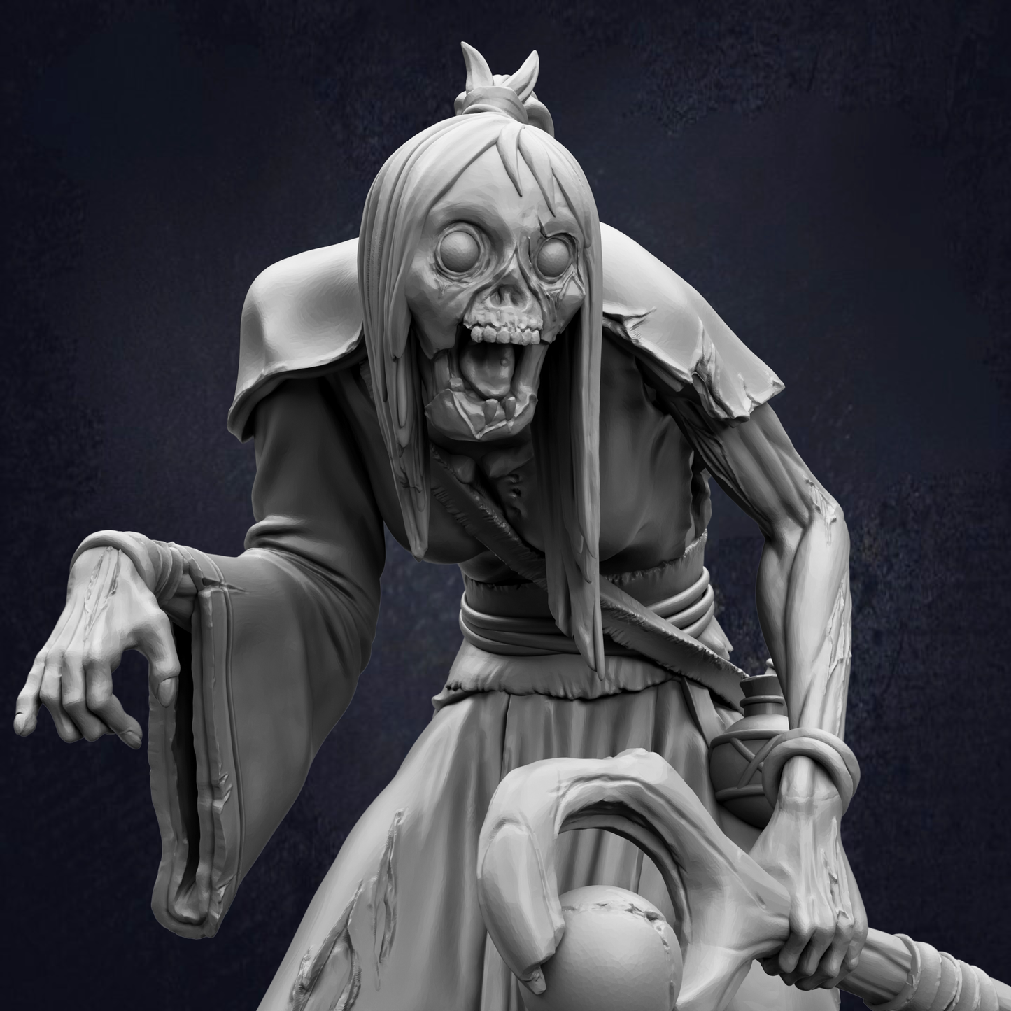 A detailed 3D rendering of a menacing, skeletal-looking creature with a twisted, elongated body and a menacing expression, holding a weapon and appearing ready for action.