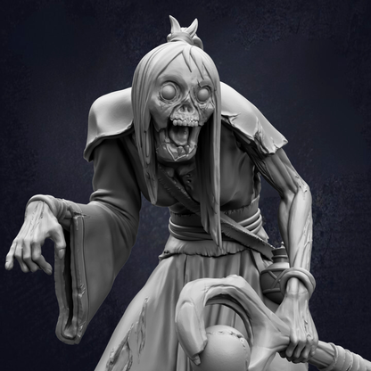 A detailed 3D rendering of a menacing, skeletal-looking creature with a twisted, elongated body and a menacing expression, holding a weapon and appearing ready for action.