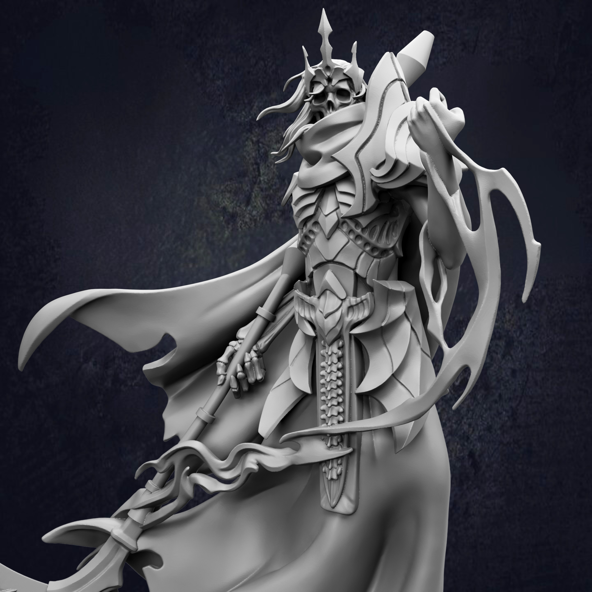 A detailed 3D rendering of a fantastical, armored warrior figure with a skull-like headpiece and wielding a large weapon.