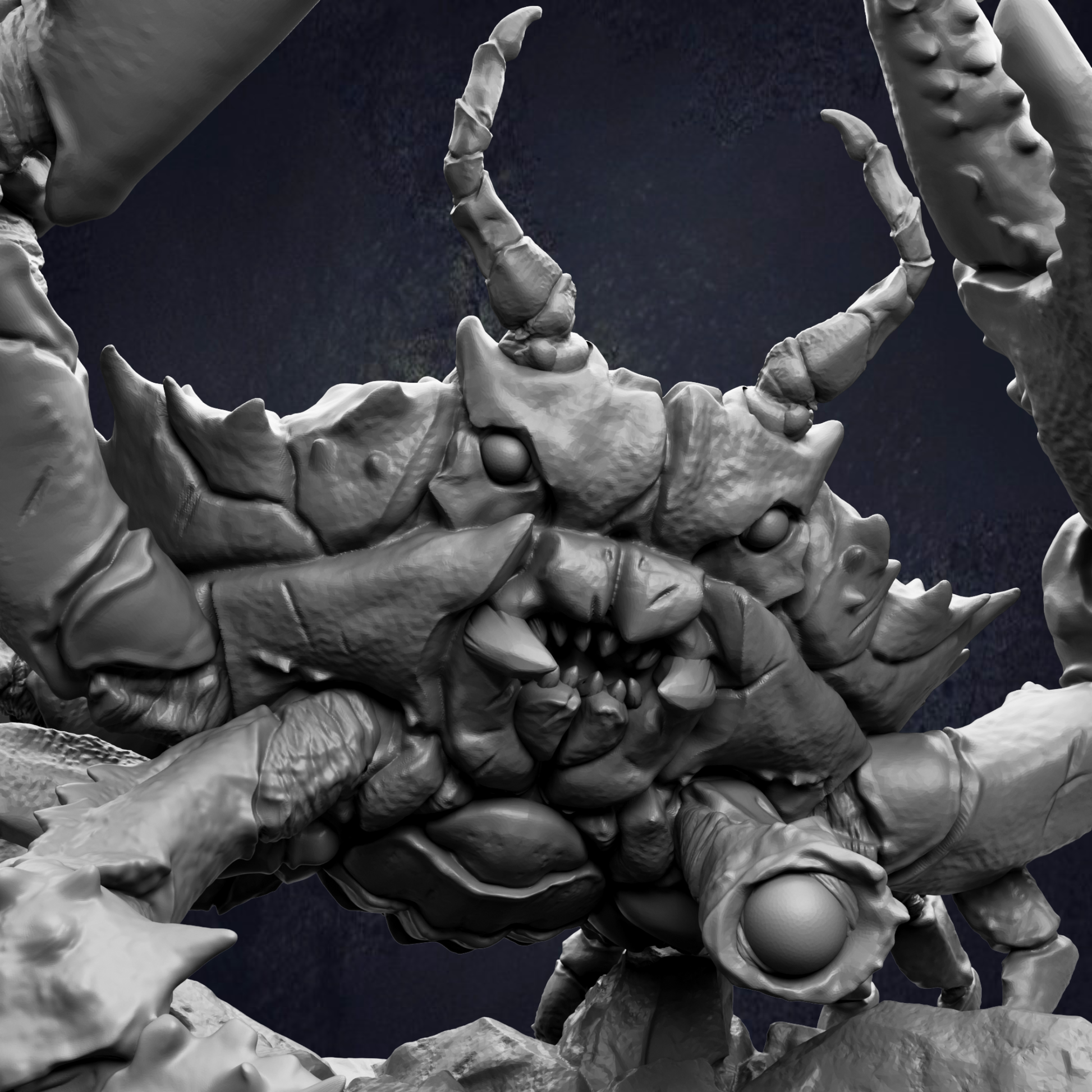 A detailed, intricate sculpture of a large, menacing-looking creature with sharp teeth and claws, set against a dark background.
