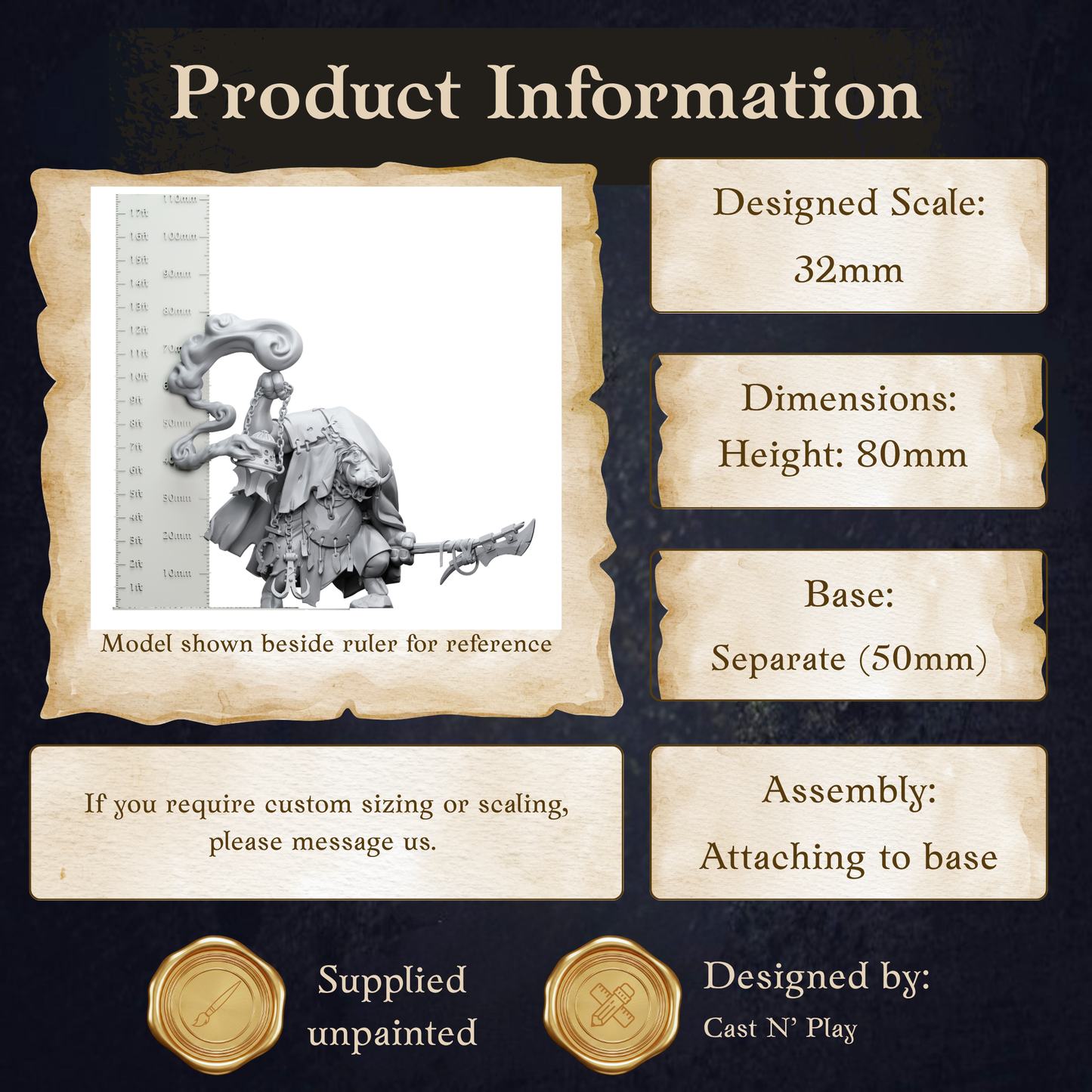 The image is a product information display featuring a model shown beside a ruler for reference. The model is designed to be used as a base for customizing the size or scaling. The display includes dimensions, assembly instructions, and information about the designer.