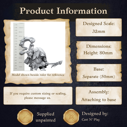 The image is a product information display featuring a model shown beside a ruler for reference. The model is designed to be used as a base for customizing the size or scaling. The display includes dimensions, assembly instructions, and information about the designer.