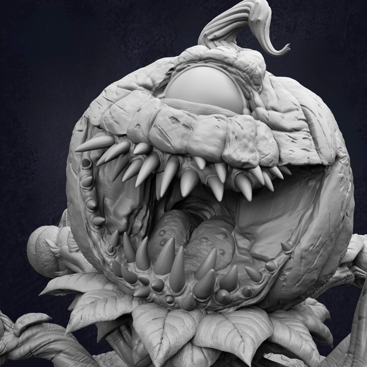 A detailed, realistic 3D rendering of a menacing-looking monster with sharp teeth and an open mouth, set against a dark background.