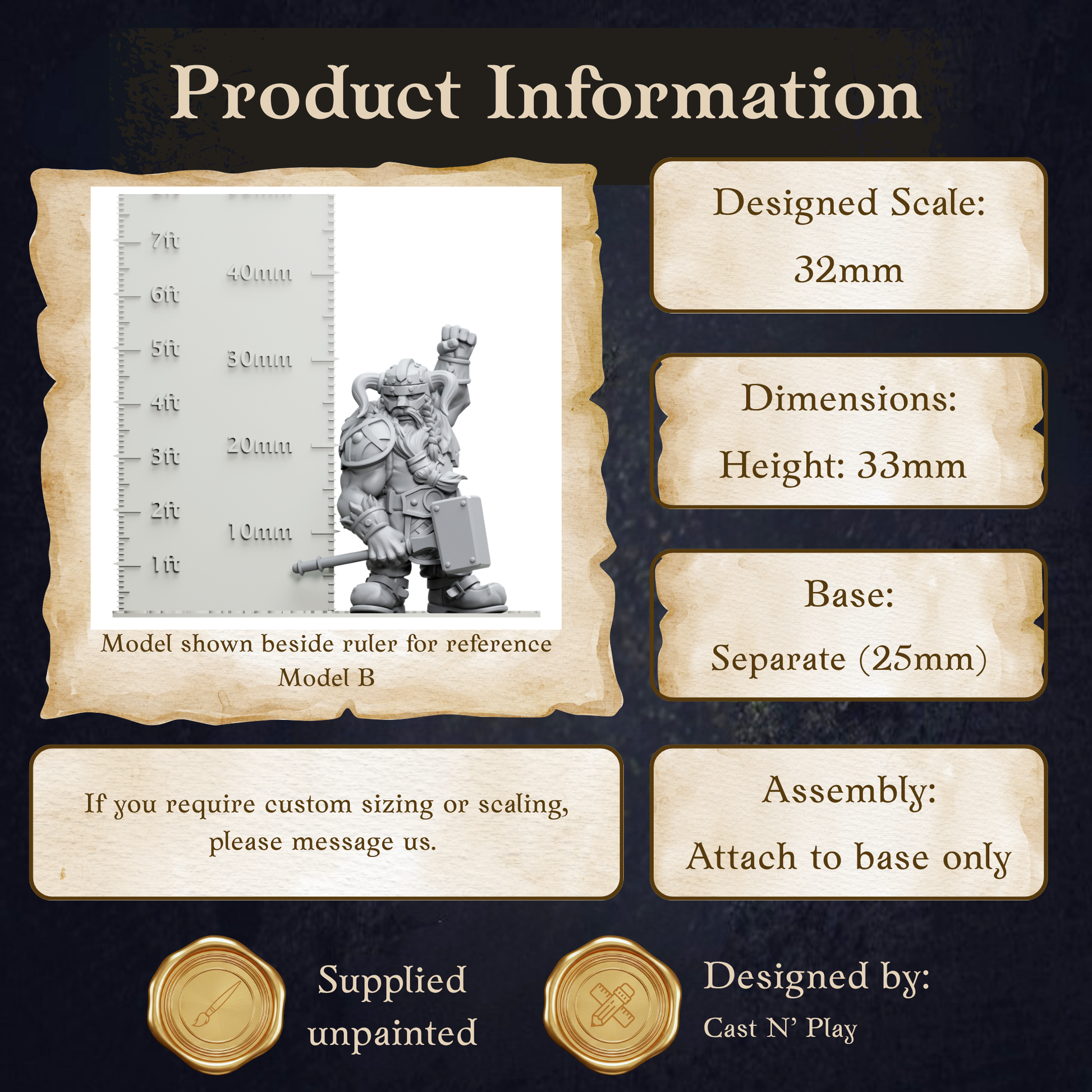 The image is a product information graphic for a model called "Model B", which is designed in the Cast N' Play style. The information includes the model's dimensions, the base size, and the assembly instructions.