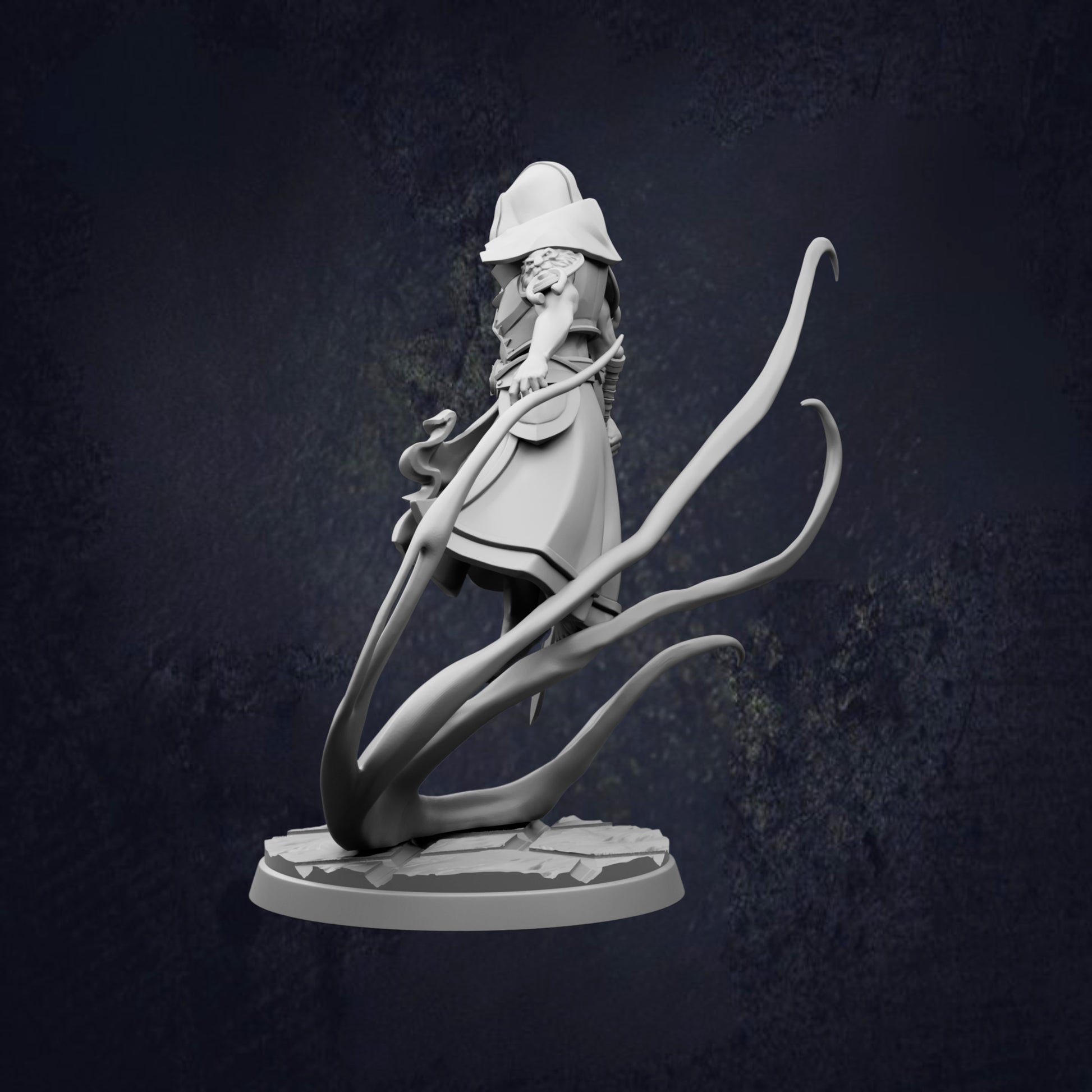 A 3D rendering of a figure in a hat, holding a staff, standing on a platform with long, thin legs and a snake-like appearance.
