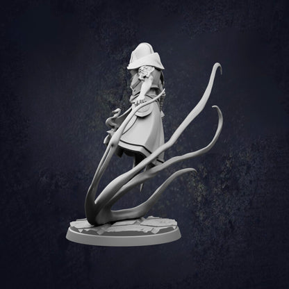 A 3D rendering of a figure in a hat, holding a staff, standing on a platform with long, thin legs and a snake-like appearance.