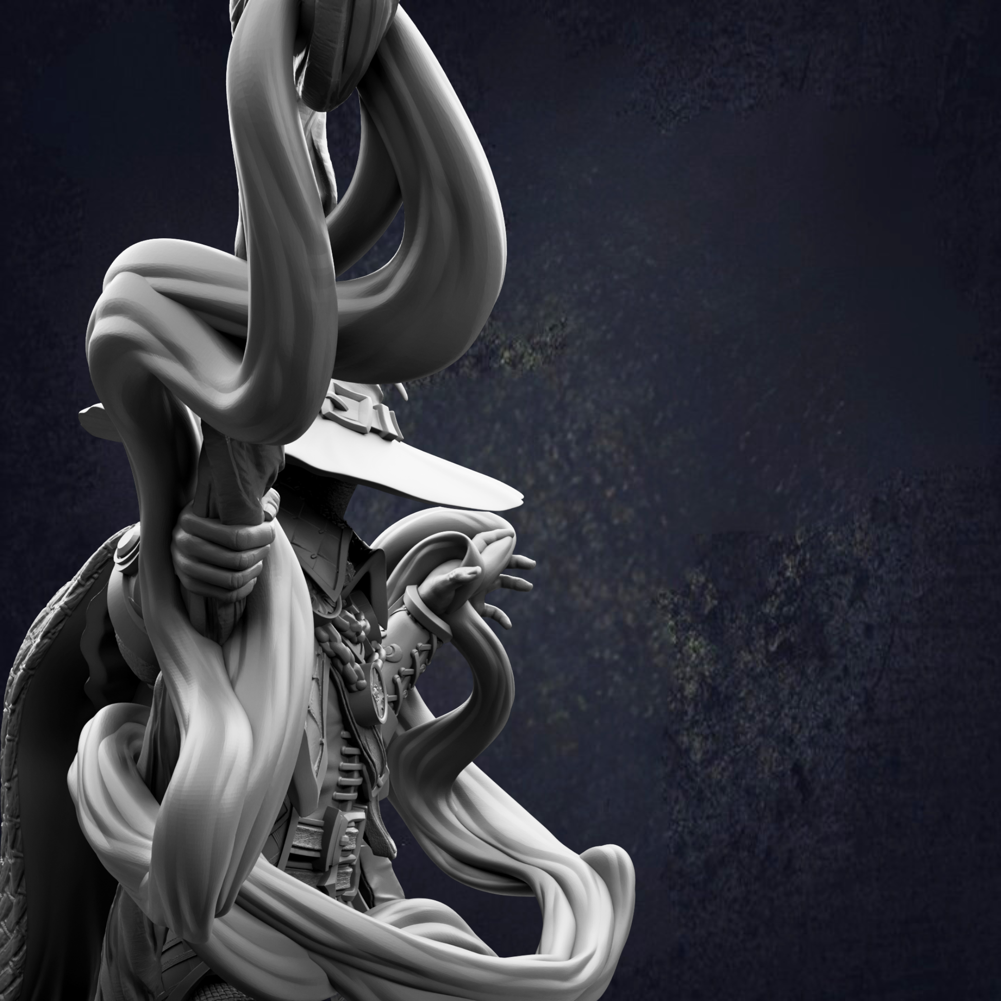 A close-up view of a sculpture depicting a figure with flowing, abstract forms against a dark background.