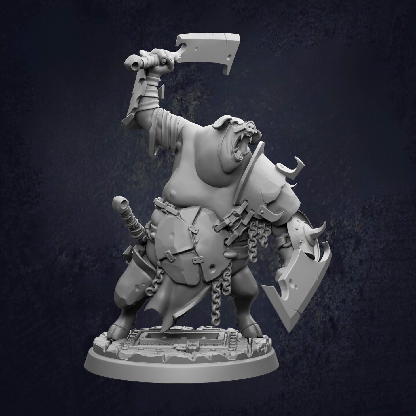 A 3D rendering of a heavily armored and armed fantasy character, possibly a monster or a dragon-like creature, standing on a platform and holding various weapons.