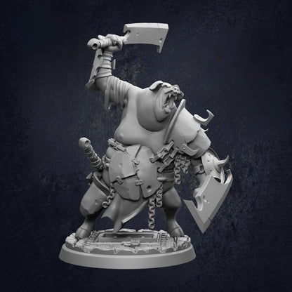 A 3D rendering of a heavily armored and armed fantasy character, possibly a monster or a dragon-like creature, standing on a platform and holding various weapons.