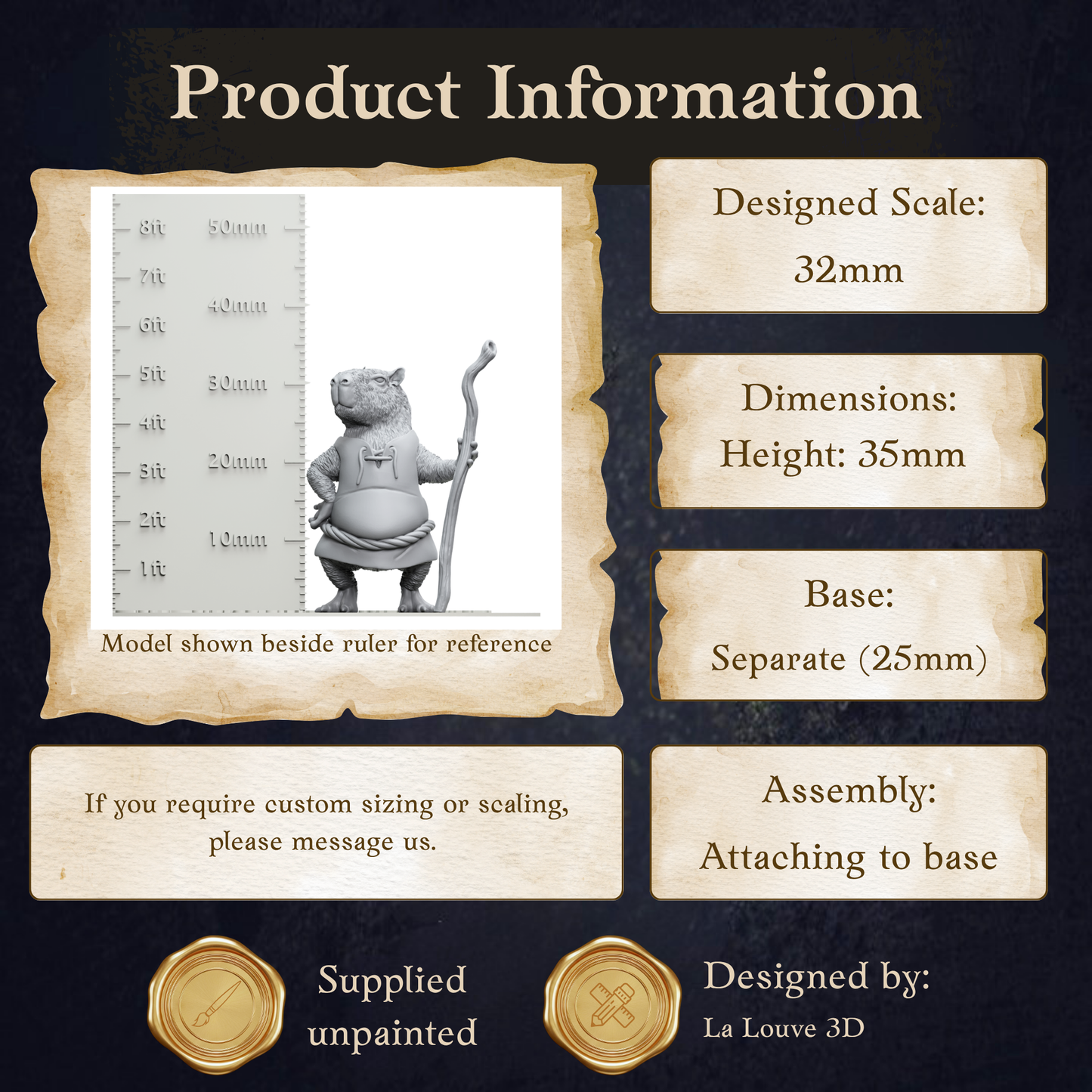 The image is a product information graphic that provides details about a model shown beside a ruler for reference. The model is designed to be 25mm tall and has dimensions of 35mm in height. The base of the model is 25mm in size. The image also includes information about the assembly process, which involves attaching the base to the model. The image is a collage of multiple images, and it is not a single image but a collection of images. The design is by La Louve 3D.