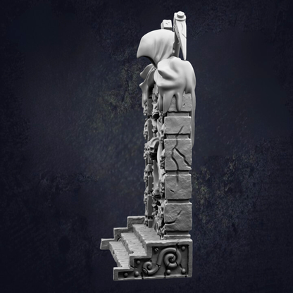 A 3D rendering of a stone statue or monument, featuring intricate details and a dark background.