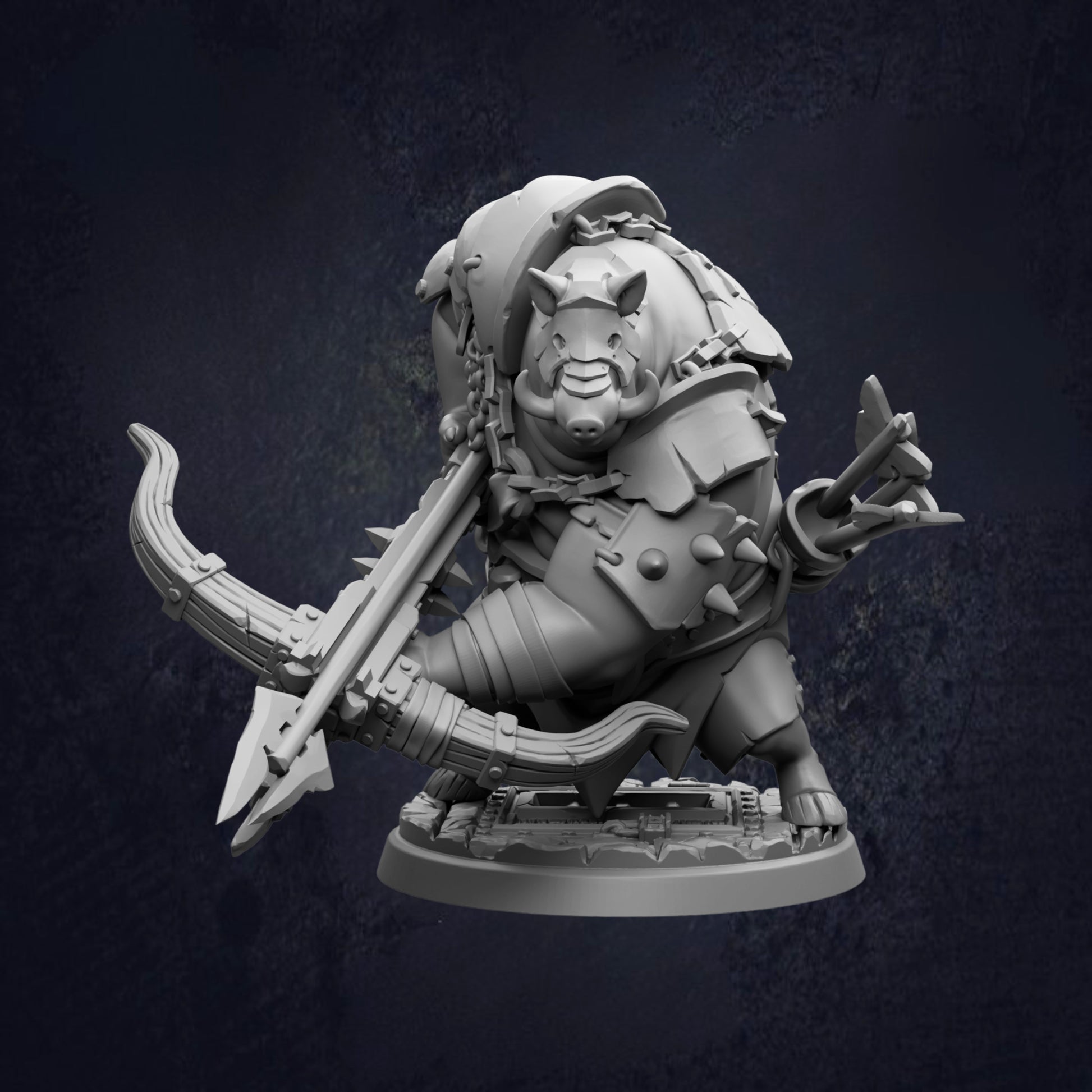 A detailed 3D model of a warrior figure, likely a pig, wielding a bow and arrow. The figure is armored and equipped with various weapons, suggesting it is a character from a fantasy or adventure game.