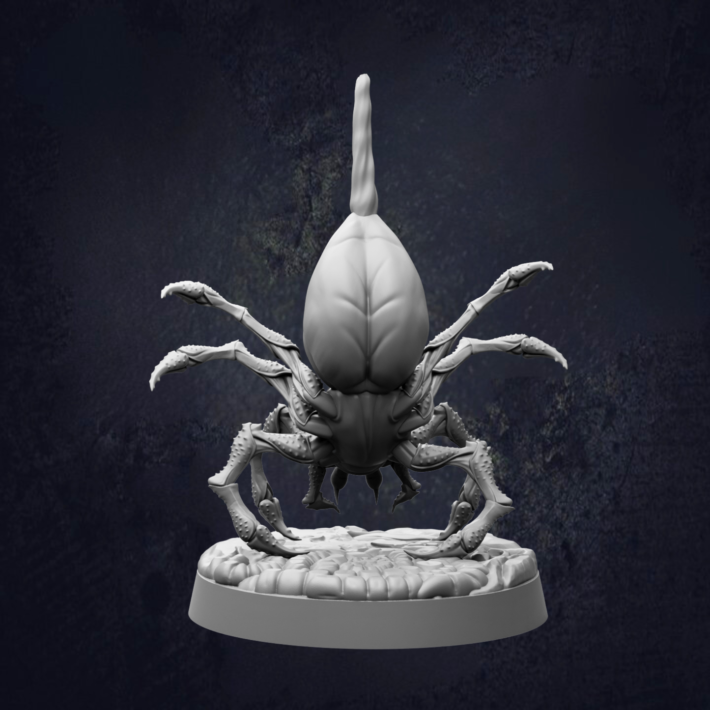 A detailed 3D model of a large, hairy spider with multiple legs and a long, pointed tail, set against a dark background.