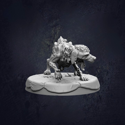 A 3D rendering of a fierce-looking dog-like creature with sharp teeth and claws, standing on a platform against a dark background.