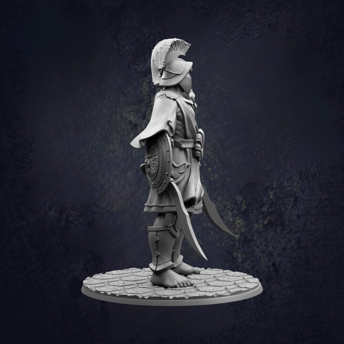 A statue of a warrior standing on a stone platform, holding a shield and sword.
