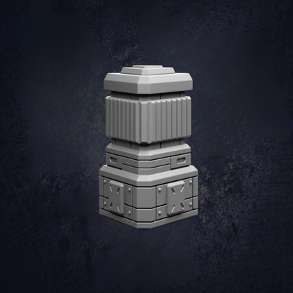 A 3D rendering of a metallic object with a pyramid-shaped top, set against a dark background.