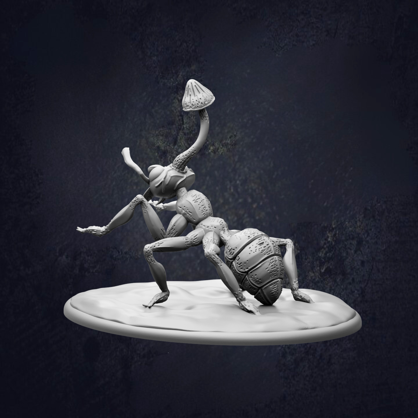 A 3D model of a large ant-like creature with a mushroom-like shape on its head, standing on a white platform against a dark background.