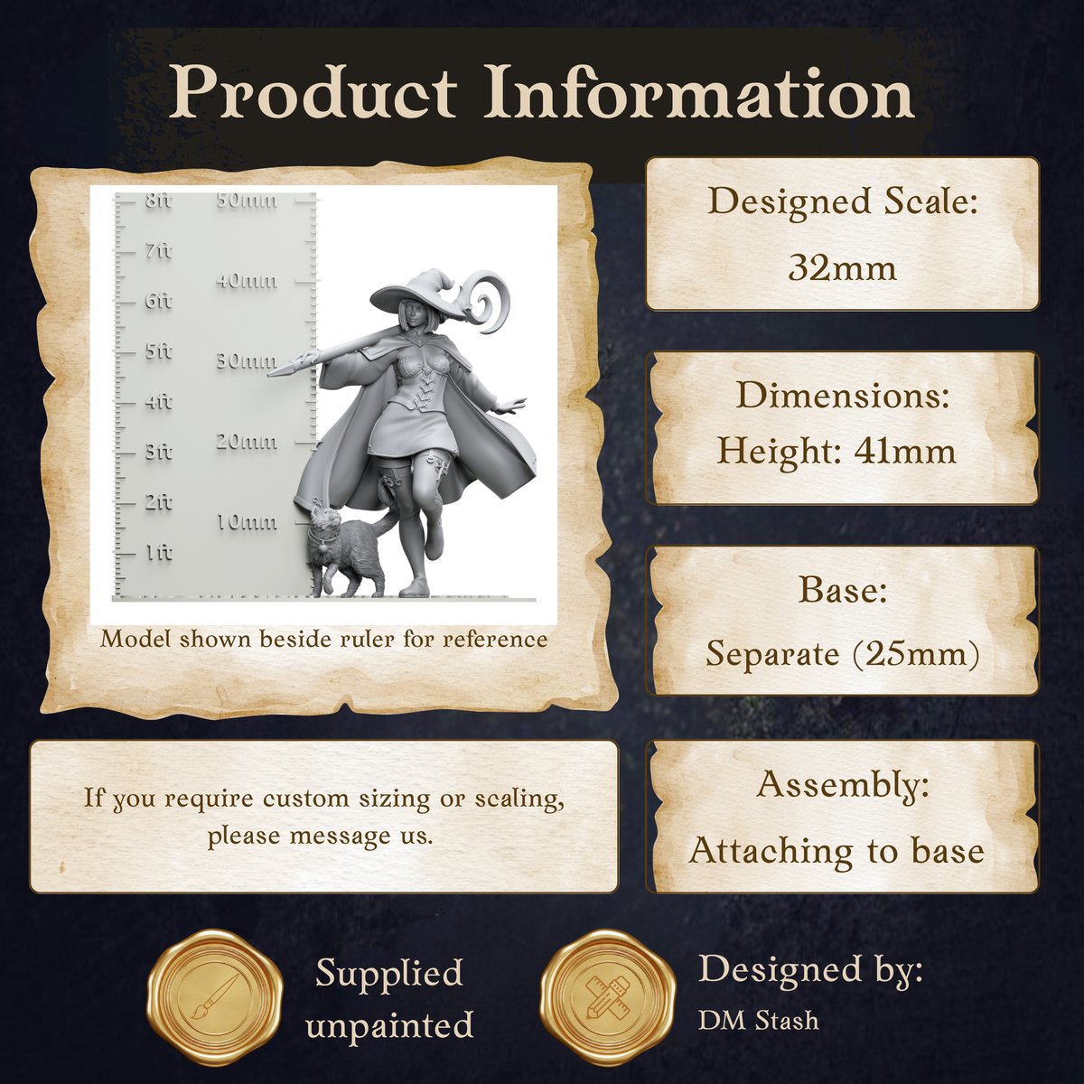 The image is a product information graphic that provides details about a model shown beside a ruler for reference. It includes dimensions, a base, and assembly instructions.