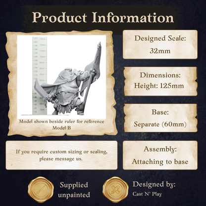 The image is a product information graphic for a model called "Model B", which is shown beside a ruler for reference. The model is designed to be used as a separate (60mm) base, and it is available for assembly. The product is supplied unpainted. The design is by "Cast N' Play".