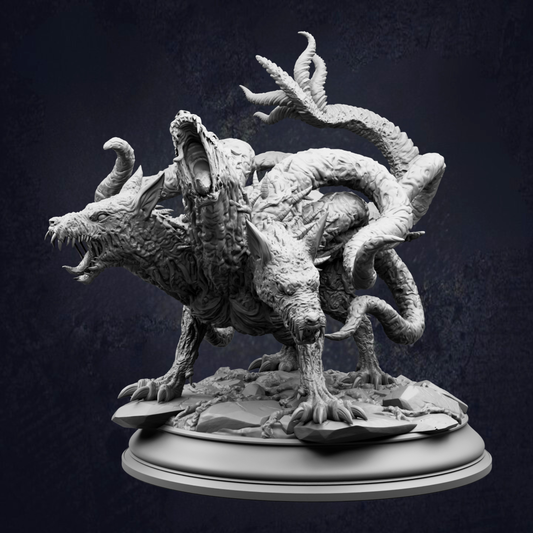 A detailed, intricate, and fantastical sculpture depicting a mythical creature with multiple arms and sharp teeth, standing on a platform against a dark background.