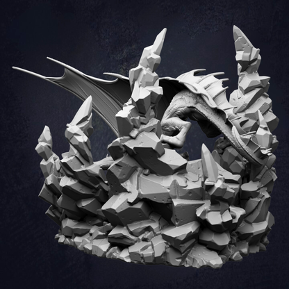 A detailed 3D rendering of a dragon-like creature emerging from a rocky landscape, with sharp teeth and claws visible.