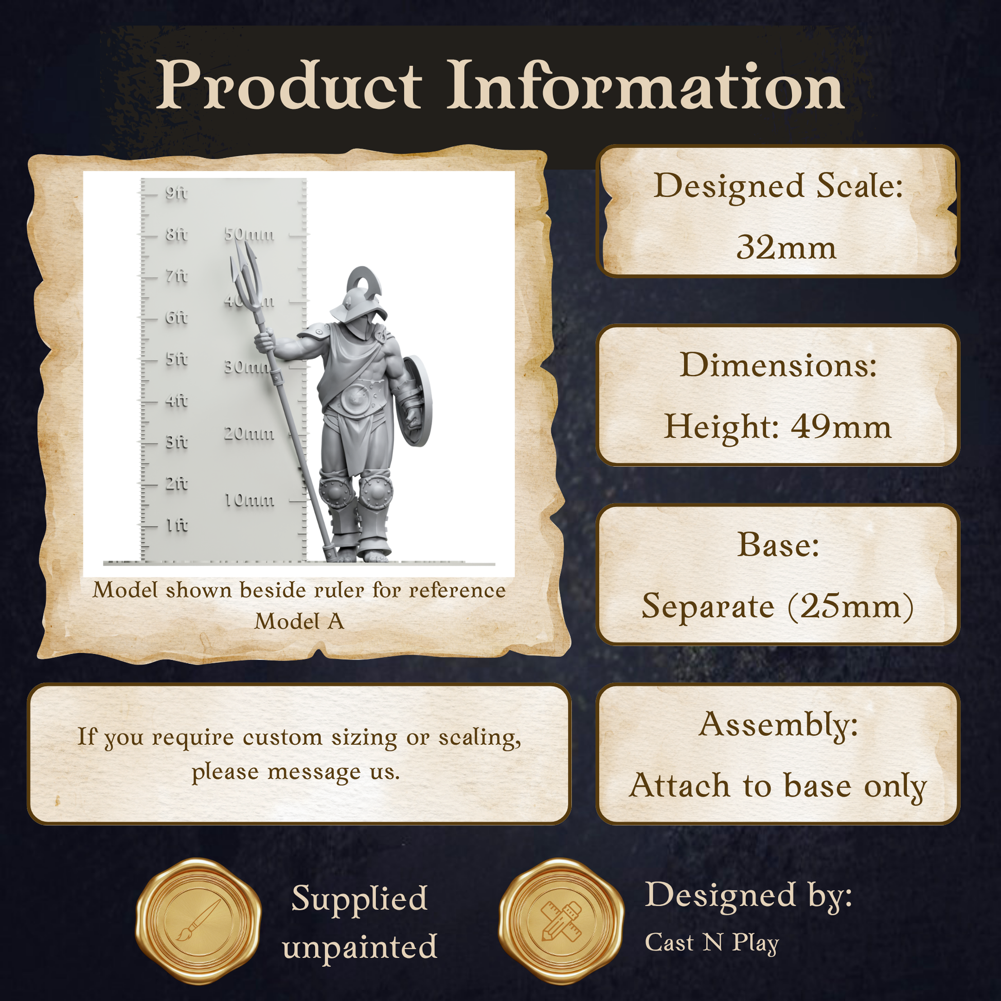 The image is a product information display featuring a model of a knight, along with dimensions and assembly instructions.
