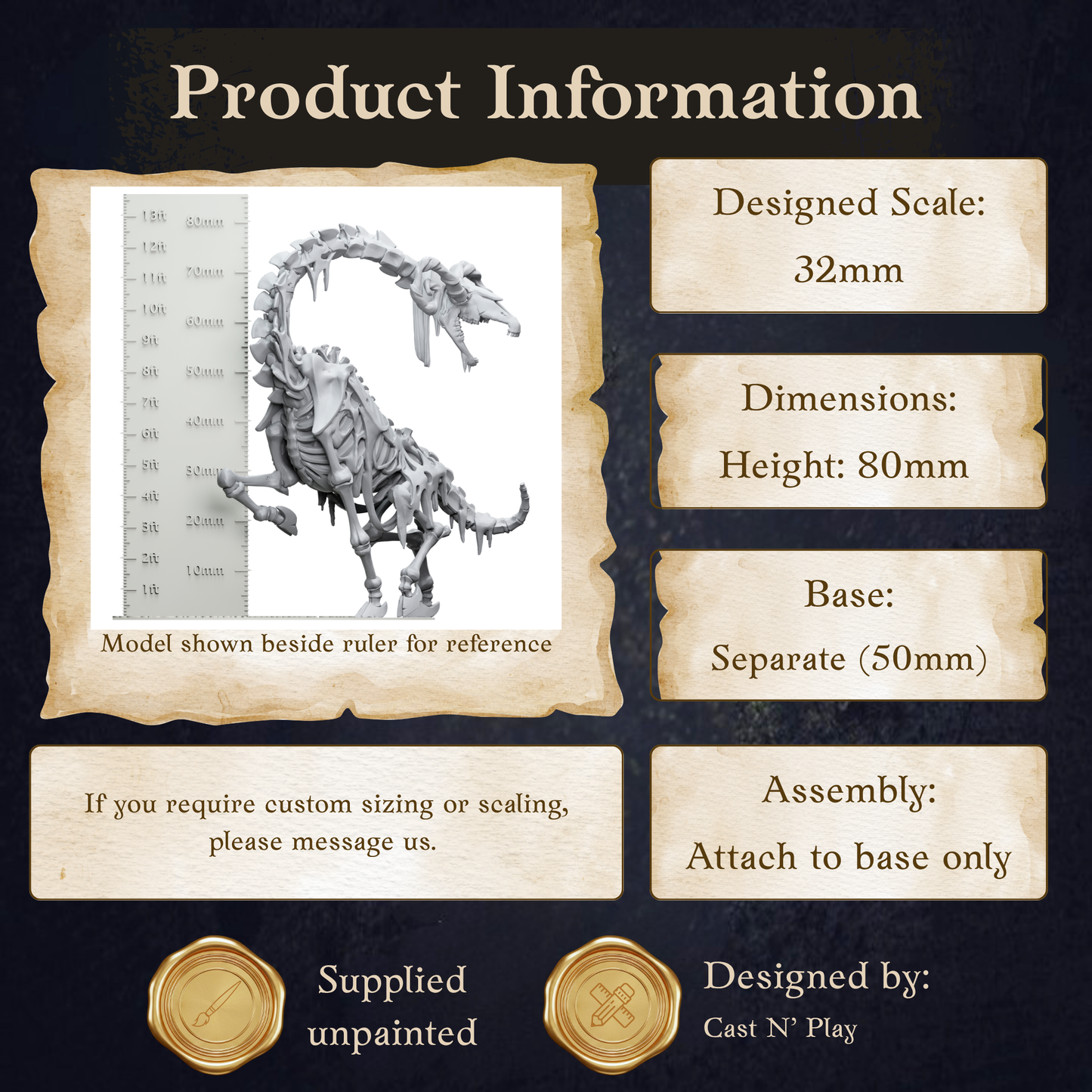 The image is a product information display featuring a model of a dinosaur skeleton, along with dimensions and assembly instructions.