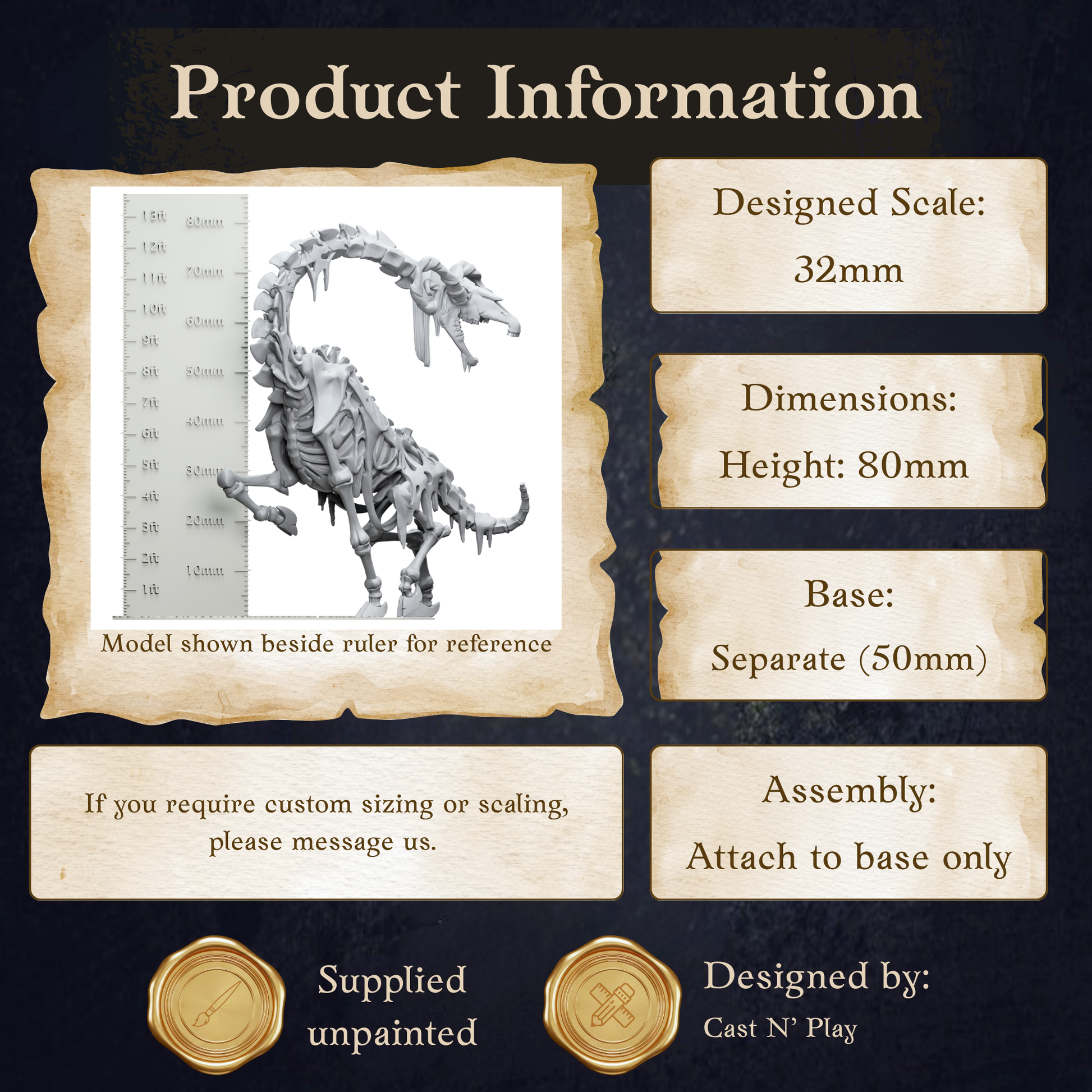 The image is a product information display featuring a model of a dinosaur skeleton, along with dimensions and assembly instructions.