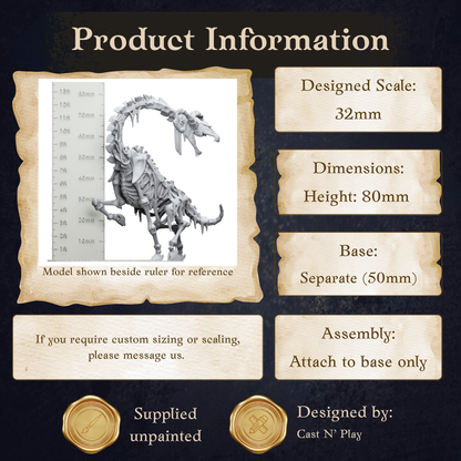 The image is a product information display featuring a model of a dinosaur skeleton, along with dimensions and assembly instructions.
