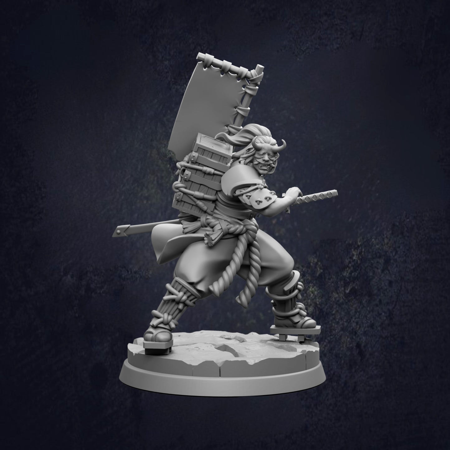 A 3D model of a warrior figure, holding a sword and shield, standing on a platform against a dark background.