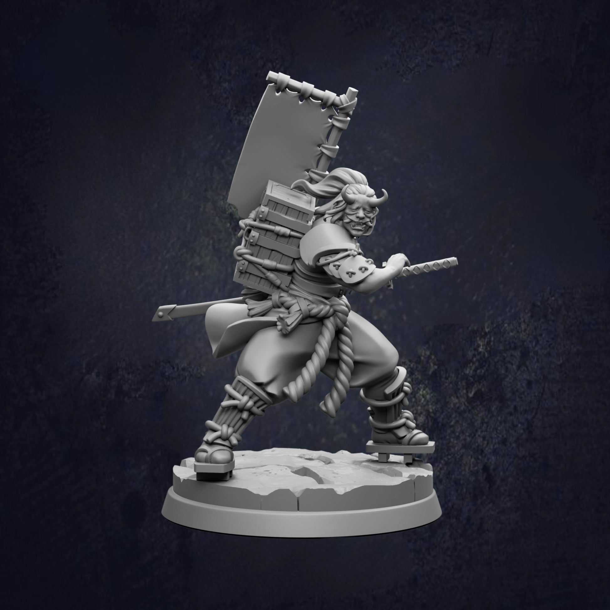 A 3D model of a warrior figure, holding a sword and shield, standing on a platform against a dark background.