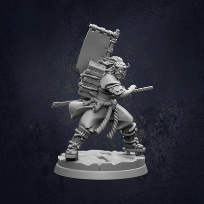 A 3D model of a warrior figure, holding a sword and shield, standing on a platform against a dark background.