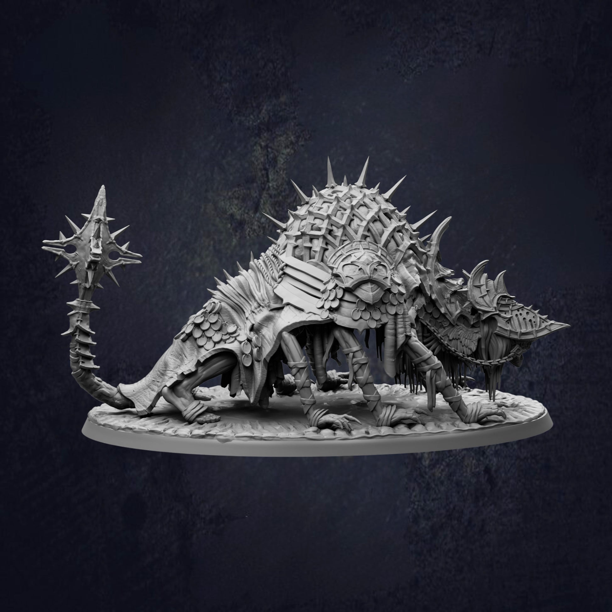 A detailed, intricate, and fantastical creature resembling a dragon or serpent, with sharp teeth and spikes, is depicted in the image.