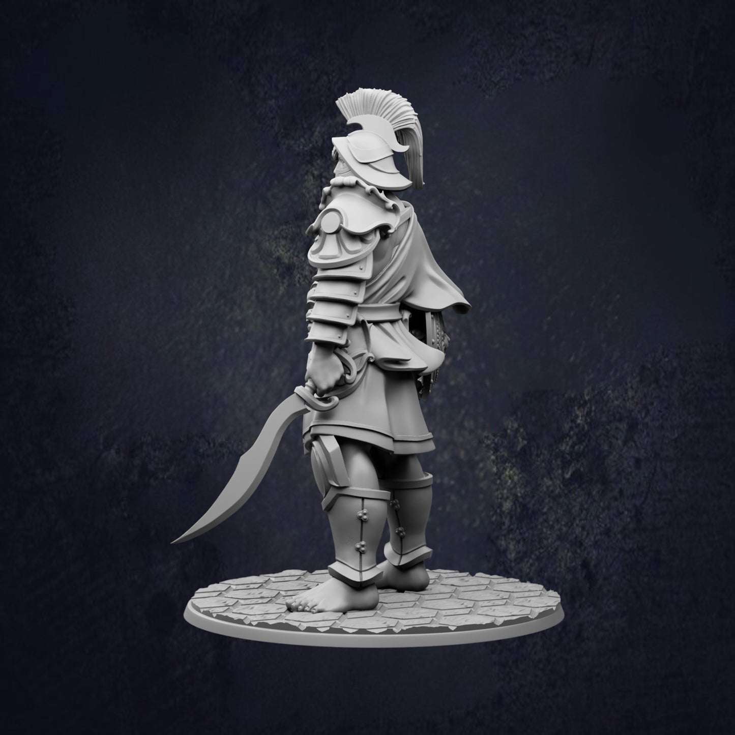 A statue of a warrior standing in a defensive stance, wearing a helmet and armor, holding a sword in their right hand.